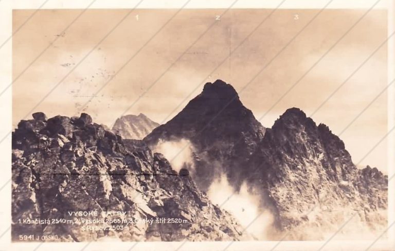Pohľad z Rysov na Vysokú, Končistú a Ťažký štít. (1924) – Ossko Ján – Štrbské Pleso